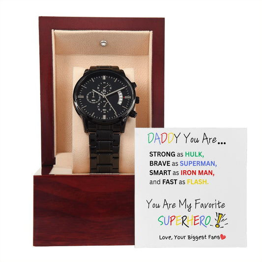 Super Daddy/White background, Black Chronograph Watch, from multiple children